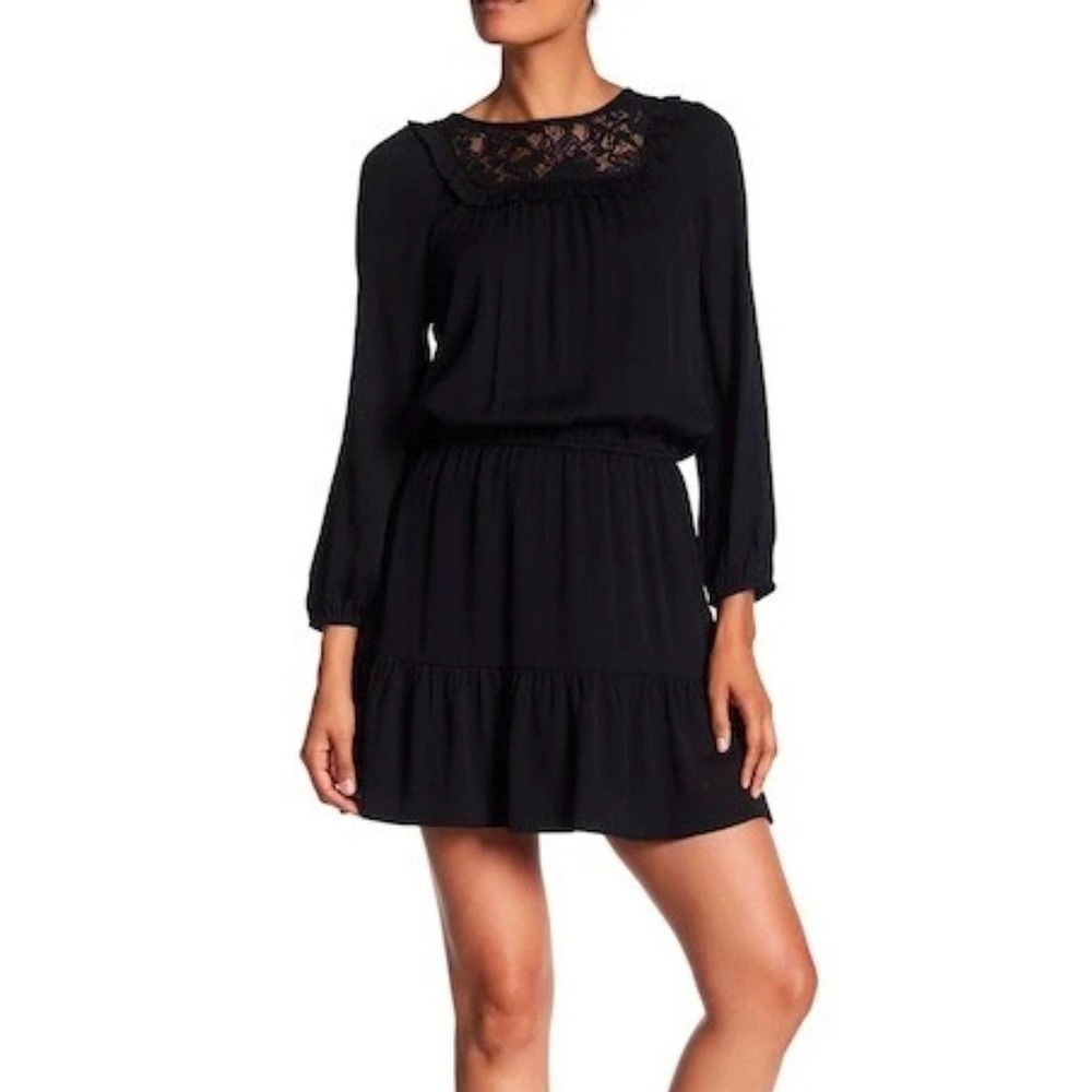 Joie Nikita Crepe Mini Dress Black Lace‎ bib Neck Ruffle Long Sleeve Tiered XXS